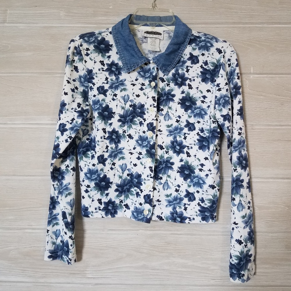 Vintage 90s Clueless Floral Denim Collar Top Crop